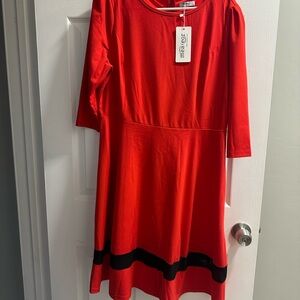 Vibrant Red Long Sleeve Dress with Black Trim